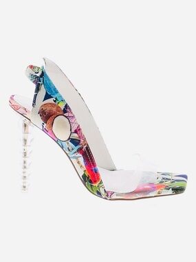 PRIVILEGED ~ Multi-colored w/tropical print and unique, clear sculptural 5” heel